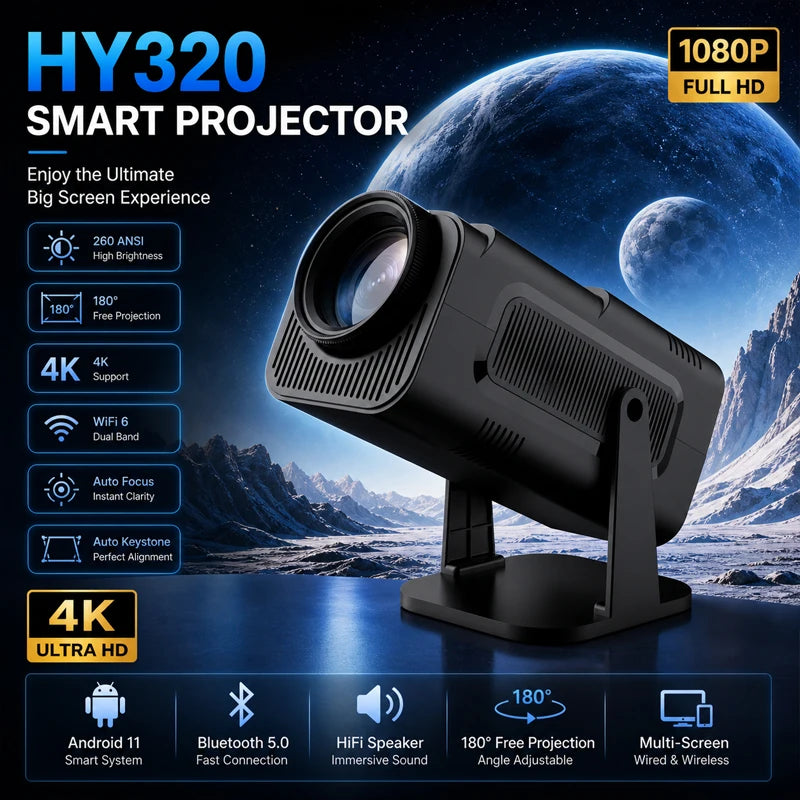 New HY320 Smart Projector 4K Full HD Android 1280*720P Dual Wifi Video Portable Outdoor Home HD LED Proyector Cine en Casa Pro
