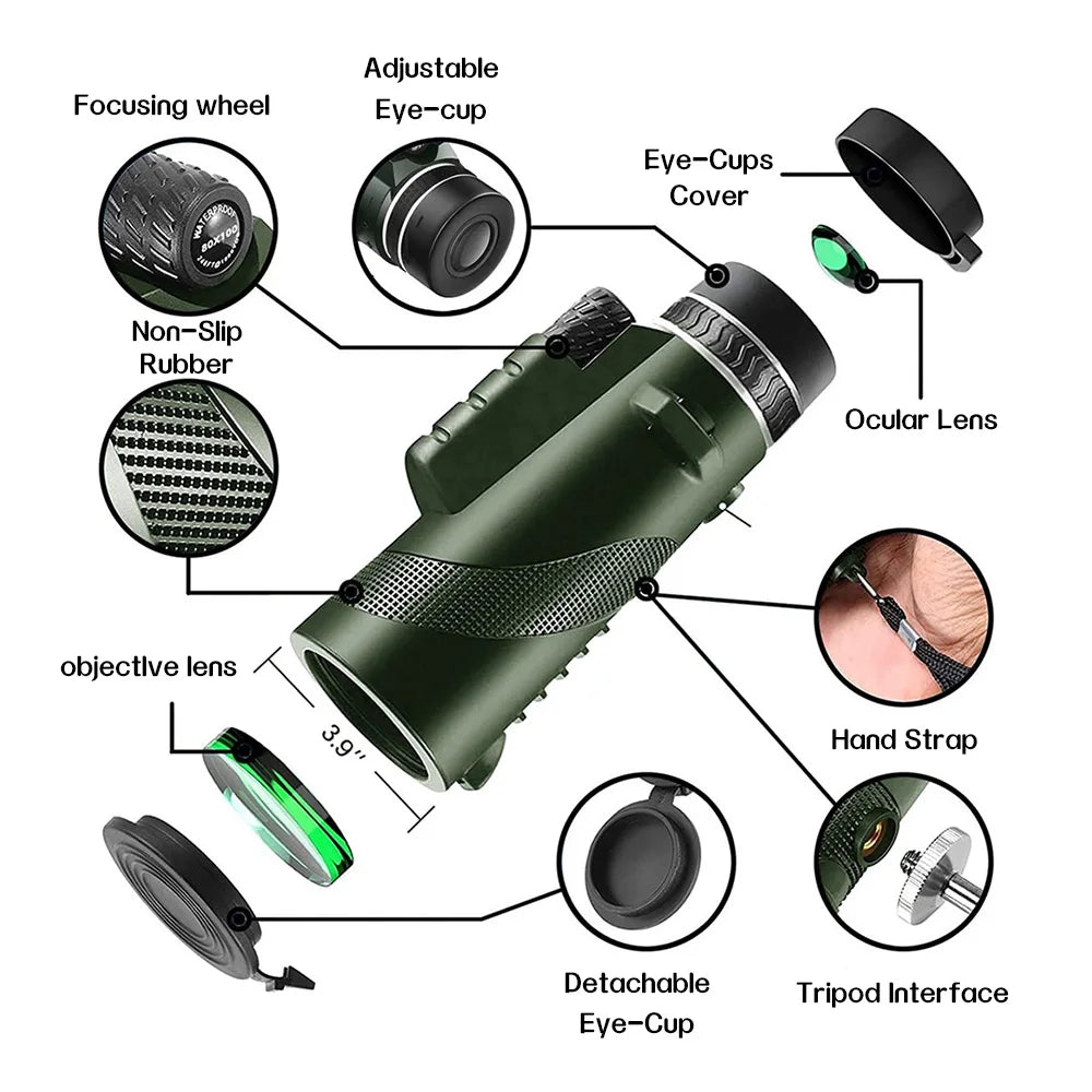 80x100 HD Monocular For Smartphone Adapter & Tripod Telescope With BAK4 Prism For Outdoor Camping ,Birdwatching, Hunting, Hiking