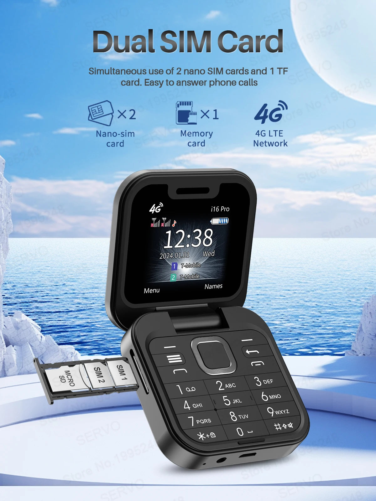 SERVO i16 PRO 2G GSM/4G LTE Foldable Mini Mobile Phone 2 SIM Card Speed Dial Magic Voice Flashlight 1.77''Screen Flip Cellphone