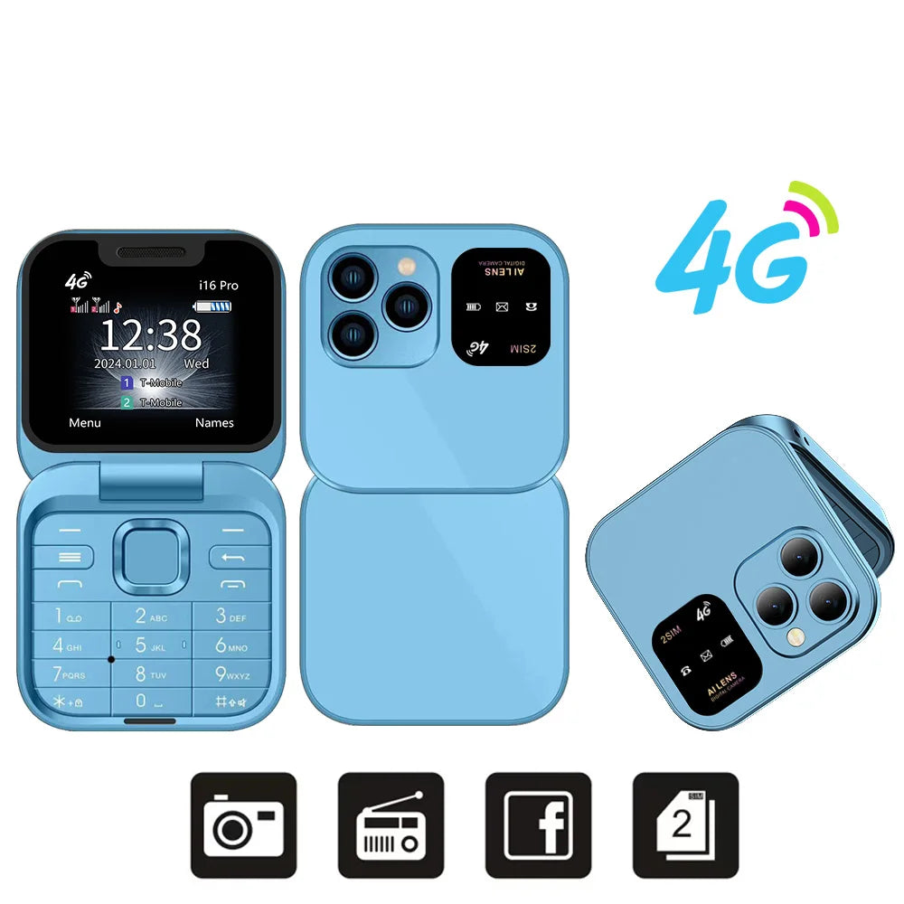 SERVO i16 PRO 2G GSM/4G LTE Foldable Mini Mobile Phone 2 SIM Card Speed Dial Magic Voice Flashlight 1.77''Screen Flip Cellphone