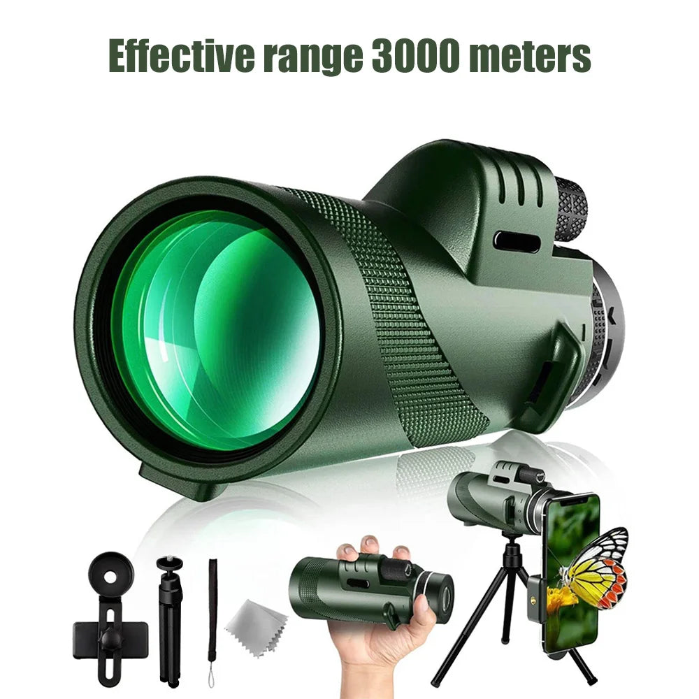 80x100 HD Monocular For Smartphone Adapter & Tripod Telescope With BAK4 Prism For Outdoor Camping ,Birdwatching, Hunting, Hiking
