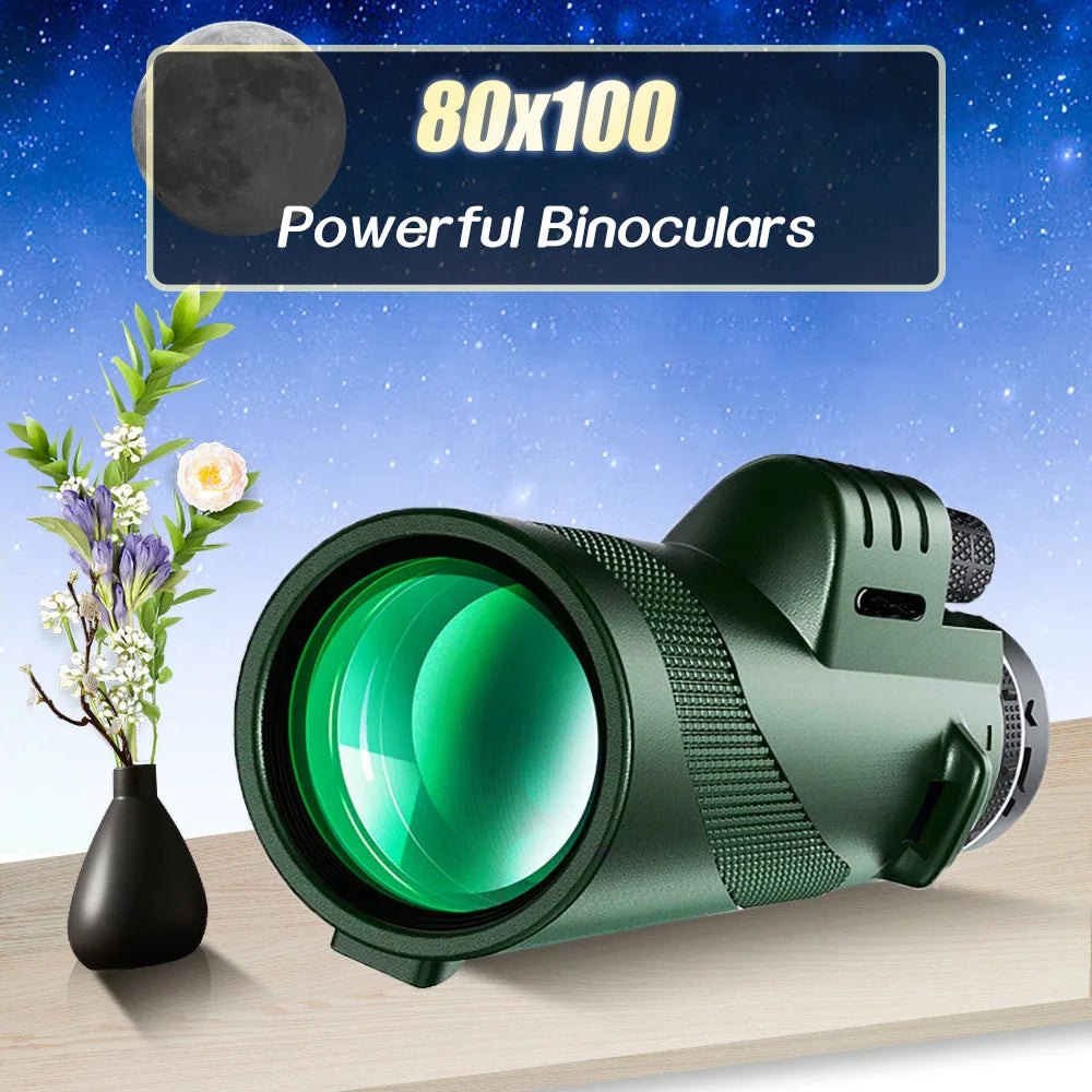 80x100 HD Monocular For Smartphone Adapter & Tripod Telescope With BAK4 Prism For Outdoor Camping ,Birdwatching, Hunting, Hiking