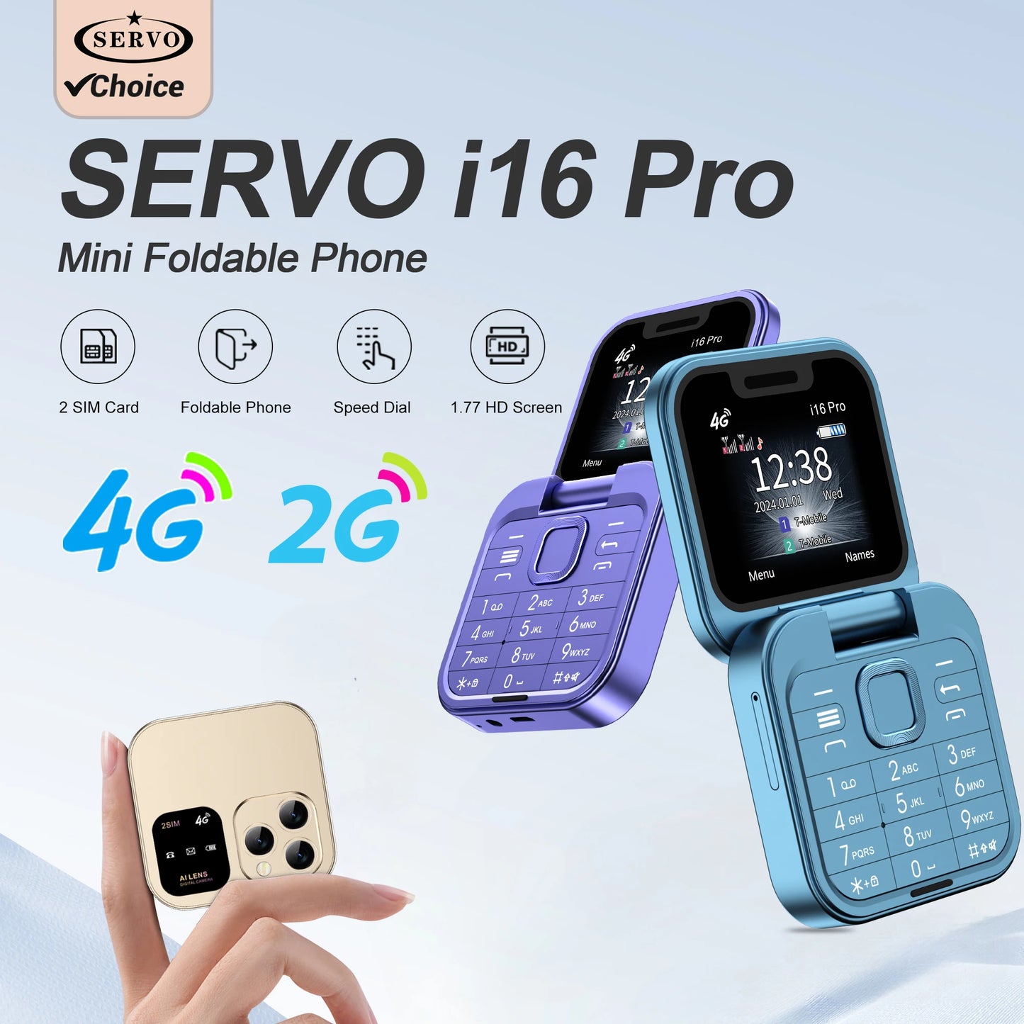 SERVO i16 PRO 2G GSM/4G LTE Foldable Mini Mobile Phone 2 SIM Card Speed Dial Magic Voice Flashlight 1.77''Screen Flip Cellphone