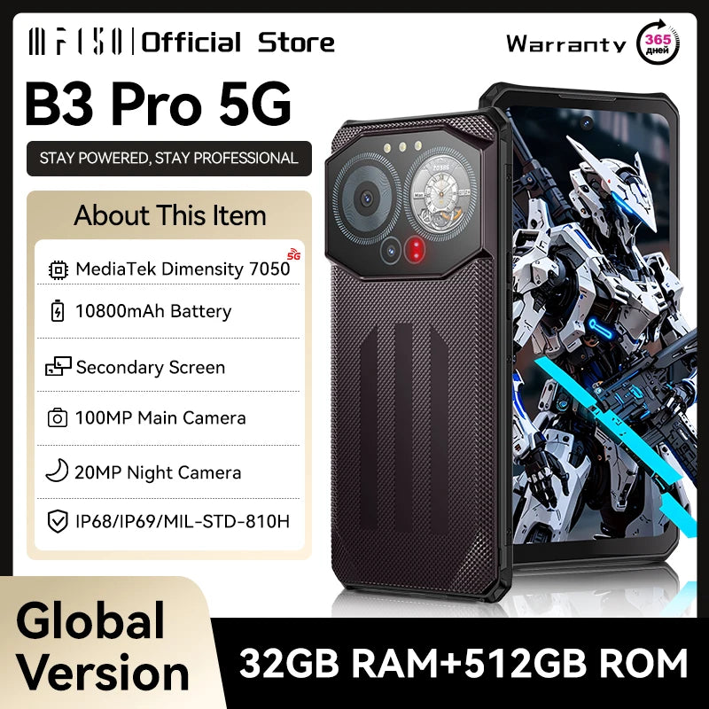 IIIF150 B3 Pro 6.6" Screen 5G Rugged Phone Android 14 Smartphone Dual Display 32GB 512GB 100MP Camera 10800mAh Ultra-Thin Phone