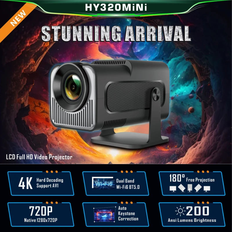 HY320mini Projector Android 11 390ANSI HD 4K Native 1080P Dual Wifi6 BT5.0 Cinema level Portable Projetor HY300 Upgrated