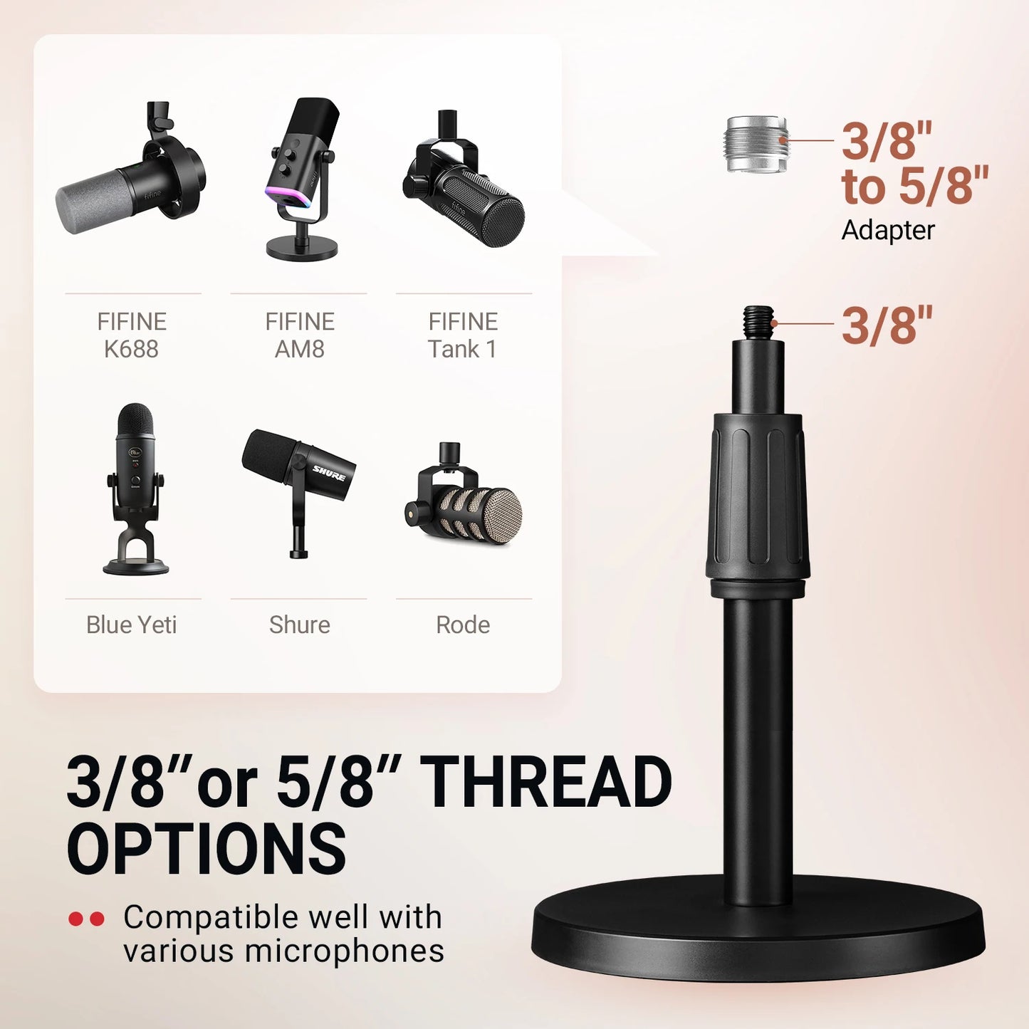 FIFINE BS1 Heavy Duty Metal Microphone Stand, Adjustable Table Mic Stand with 5/8" to 3/8" Adapter & Non-Slip Base for Recording