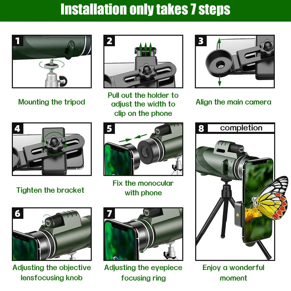80x100 HD Monocular For Smartphone Adapter & Tripod Telescope With BAK4 Prism For Outdoor Camping ,Birdwatching, Hunting, Hiking